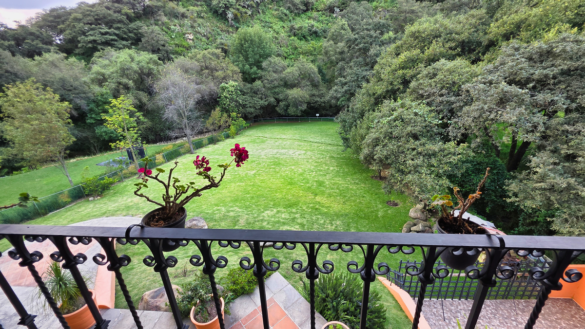 Vista de la terraza de la recámara principal con vista al jardín y bosque